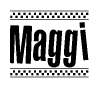 The image contains the text Maggi in a bold, stylized font, with a checkered flag pattern bordering the top and bottom of the text.
