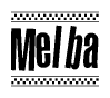 The clipart image displays the text Melba in a bold, stylized font. It is enclosed in a rectangular border with a checkerboard pattern running below and above the text, similar to a finish line in racing. 