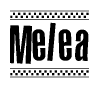 The image contains the text Melea in a bold, stylized font, with a checkered flag pattern bordering the top and bottom of the text.