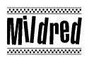 The clipart image displays the text Mildred in a bold, stylized font. It is enclosed in a rectangular border with a checkerboard pattern running below and above the text, similar to a finish line in racing. 