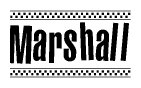 The image contains the text Marshall in a bold, stylized font, with a checkered flag pattern bordering the top and bottom of the text.