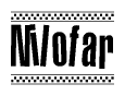 The image is a black and white clipart of the text Nilofar in a bold, italicized font. The text is bordered by a dotted line on the top and bottom, and there are checkered flags positioned at both ends of the text, usually associated with racing or finishing lines.