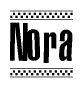 The clipart image displays the text Nora in a bold, stylized font. It is enclosed in a rectangular border with a checkerboard pattern running below and above the text, similar to a finish line in racing. 