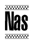 The image contains the text Nas in a bold, stylized font, with a checkered flag pattern bordering the top and bottom of the text.