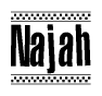 The image is a black and white clipart of the text Najah in a bold, italicized font. The text is bordered by a dotted line on the top and bottom, and there are checkered flags positioned at both ends of the text, usually associated with racing or finishing lines.