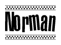 The image contains the text Norman in a bold, stylized font, with a checkered flag pattern bordering the top and bottom of the text.