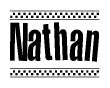 The image is a black and white clipart of the text Nathan in a bold, italicized font. The text is bordered by a dotted line on the top and bottom, and there are checkered flags positioned at both ends of the text, usually associated with racing or finishing lines.