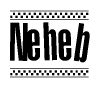 The image contains the text Neheb in a bold, stylized font, with a checkered flag pattern bordering the top and bottom of the text.