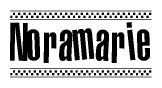 The image is a black and white clipart of the text Noramarie in a bold, italicized font. The text is bordered by a dotted line on the top and bottom, and there are checkered flags positioned at both ends of the text, usually associated with racing or finishing lines.