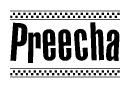 The image is a black and white clipart of the text Preecha in a bold, italicized font. The text is bordered by a dotted line on the top and bottom, and there are checkered flags positioned at both ends of the text, usually associated with racing or finishing lines.