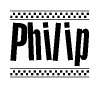 The image is a black and white clipart of the text Philip in a bold, italicized font. The text is bordered by a dotted line on the top and bottom, and there are checkered flags positioned at both ends of the text, usually associated with racing or finishing lines.