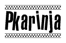The image is a black and white clipart of the text Pkarinja in a bold, italicized font. The text is bordered by a dotted line on the top and bottom, and there are checkered flags positioned at both ends of the text, usually associated with racing or finishing lines.