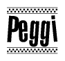 The image contains the text Peggi in a bold, stylized font, with a checkered flag pattern bordering the top and bottom of the text.