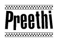 The image contains the text Preethi in a bold, stylized font, with a checkered flag pattern bordering the top and bottom of the text.