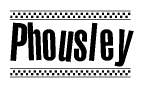 The clipart image displays the text Phousley in a bold, stylized font. It is enclosed in a rectangular border with a checkerboard pattern running below and above the text, similar to a finish line in racing. 