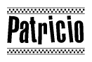The image contains the text Patricio in a bold, stylized font, with a checkered flag pattern bordering the top and bottom of the text.