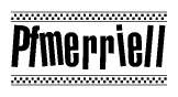 The clipart image displays the text Pfmerriell in a bold, stylized font. It is enclosed in a rectangular border with a checkerboard pattern running below and above the text, similar to a finish line in racing. 