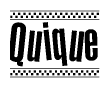 The image contains the text Quique in a bold, stylized font, with a checkered flag pattern bordering the top and bottom of the text.
