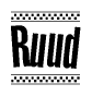 The image contains the text Ruud in a bold, stylized font, with a checkered flag pattern bordering the top and bottom of the text.