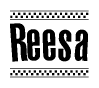 The clipart image displays the text Reesa in a bold, stylized font. It is enclosed in a rectangular border with a checkerboard pattern running below and above the text, similar to a finish line in racing. 