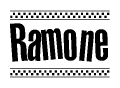 The image is a black and white clipart of the text Ramone in a bold, italicized font. The text is bordered by a dotted line on the top and bottom, and there are checkered flags positioned at both ends of the text, usually associated with racing or finishing lines.