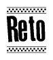 The image contains the text Reto in a bold, stylized font, with a checkered flag pattern bordering the top and bottom of the text.