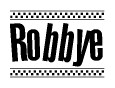 The clipart image displays the text Robbye in a bold, stylized font. It is enclosed in a rectangular border with a checkerboard pattern running below and above the text, similar to a finish line in racing. 