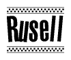 The clipart image displays the text Rusell in a bold, stylized font. It is enclosed in a rectangular border with a checkerboard pattern running below and above the text, similar to a finish line in racing. 