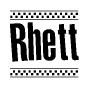 The clipart image displays the text Rhett in a bold, stylized font. It is enclosed in a rectangular border with a checkerboard pattern running below and above the text, similar to a finish line in racing. 
