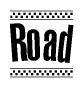 The clipart image displays the text Road in a bold, stylized font. It is enclosed in a rectangular border with a checkerboard pattern running below and above the text, similar to a finish line in racing. 