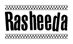 The clipart image displays the text Rasheeda in a bold, stylized font. It is enclosed in a rectangular border with a checkerboard pattern running below and above the text, similar to a finish line in racing. 