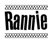 The image contains the text Rannie in a bold, stylized font, with a checkered flag pattern bordering the top and bottom of the text.