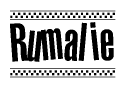 The image contains the text Rumalie in a bold, stylized font, with a checkered flag pattern bordering the top and bottom of the text.