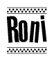 The clipart image displays the text Roni in a bold, stylized font. It is enclosed in a rectangular border with a checkerboard pattern running below and above the text, similar to a finish line in racing. 