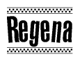 The clipart image displays the text Regena in a bold, stylized font. It is enclosed in a rectangular border with a checkerboard pattern running below and above the text, similar to a finish line in racing. 