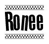 The clipart image displays the text Ronee in a bold, stylized font. It is enclosed in a rectangular border with a checkerboard pattern running below and above the text, similar to a finish line in racing. 