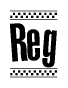 The clipart image displays the text Reg in a bold, stylized font. It is enclosed in a rectangular border with a checkerboard pattern running below and above the text, similar to a finish line in racing. 