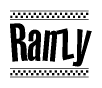 The image is a black and white clipart of the text Ranzy in a bold, italicized font. The text is bordered by a dotted line on the top and bottom, and there are checkered flags positioned at both ends of the text, usually associated with racing or finishing lines.