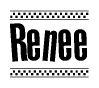 The image contains the text Renee in a bold, stylized font, with a checkered flag pattern bordering the top and bottom of the text.