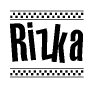 The clipart image displays the text Rizka in a bold, stylized font. It is enclosed in a rectangular border with a checkerboard pattern running below and above the text, similar to a finish line in racing. 