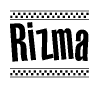   The clipart image displays the text Rizma in a bold, stylized font. It is enclosed in a rectangular border with a checkerboard pattern running below and above the text, similar to a finish line in racing.  