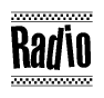 The image is a black and white clipart of the text Radio in a bold, italicized font. The text is bordered by a dotted line on the top and bottom, and there are checkered flags positioned at both ends of the text, usually associated with racing or finishing lines.