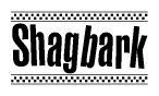 The image contains the text Shagbark in a bold, stylized font, with a checkered flag pattern bordering the top and bottom of the text.