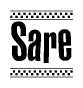 The image is a black and white clipart of the text Sare in a bold, italicized font. The text is bordered by a dotted line on the top and bottom, and there are checkered flags positioned at both ends of the text, usually associated with racing or finishing lines.