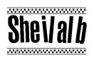 The image is a black and white clipart of the text Sheilalb in a bold, italicized font. The text is bordered by a dotted line on the top and bottom, and there are checkered flags positioned at both ends of the text, usually associated with racing or finishing lines.