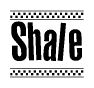 The image is a black and white clipart of the text Shale in a bold, italicized font. The text is bordered by a dotted line on the top and bottom, and there are checkered flags positioned at both ends of the text, usually associated with racing or finishing lines.