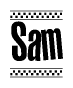 The clipart image displays the text Sam in a bold, stylized font. It is enclosed in a rectangular border with a checkerboard pattern running below and above the text, similar to a finish line in racing. 