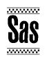The image is a black and white clipart of the text Sas in a bold, italicized font. The text is bordered by a dotted line on the top and bottom, and there are checkered flags positioned at both ends of the text, usually associated with racing or finishing lines.