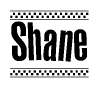 The image contains the text Shane in a bold, stylized font, with a checkered flag pattern bordering the top and bottom of the text.