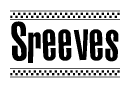 The image is a black and white clipart of the text Sreeves in a bold, italicized font. The text is bordered by a dotted line on the top and bottom, and there are checkered flags positioned at both ends of the text, usually associated with racing or finishing lines.
